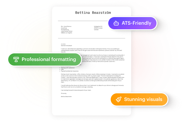 AI od Kickresume vytvára motivačné listy, ktoré sú vkusné, kompatibilné s ATS a majú bezchybné formátovanie.