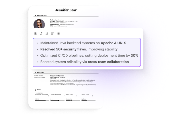Picture of a resume created using Kickresume’s resume templates highlighting the work experience section with AI-generated bullet points.