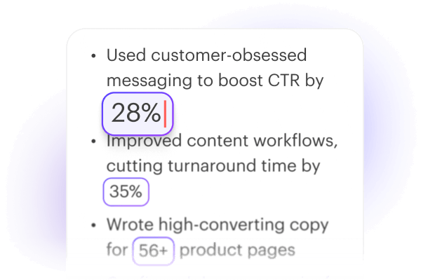 Close-up of AI-generated resume bullet points showing the option to edit and personalize them with your specific information.