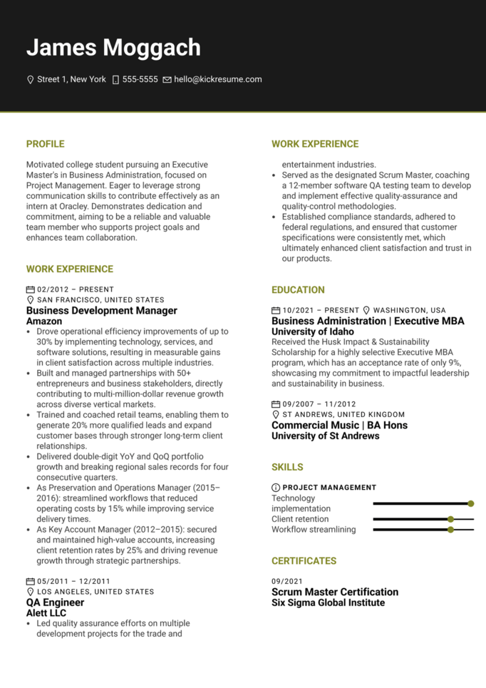 Project management resume example created using Kickresume resume templates