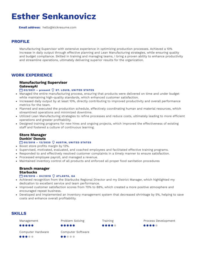 Example of a resume which was created with the help of Resume Bullet Point Generator feature by Kickresume