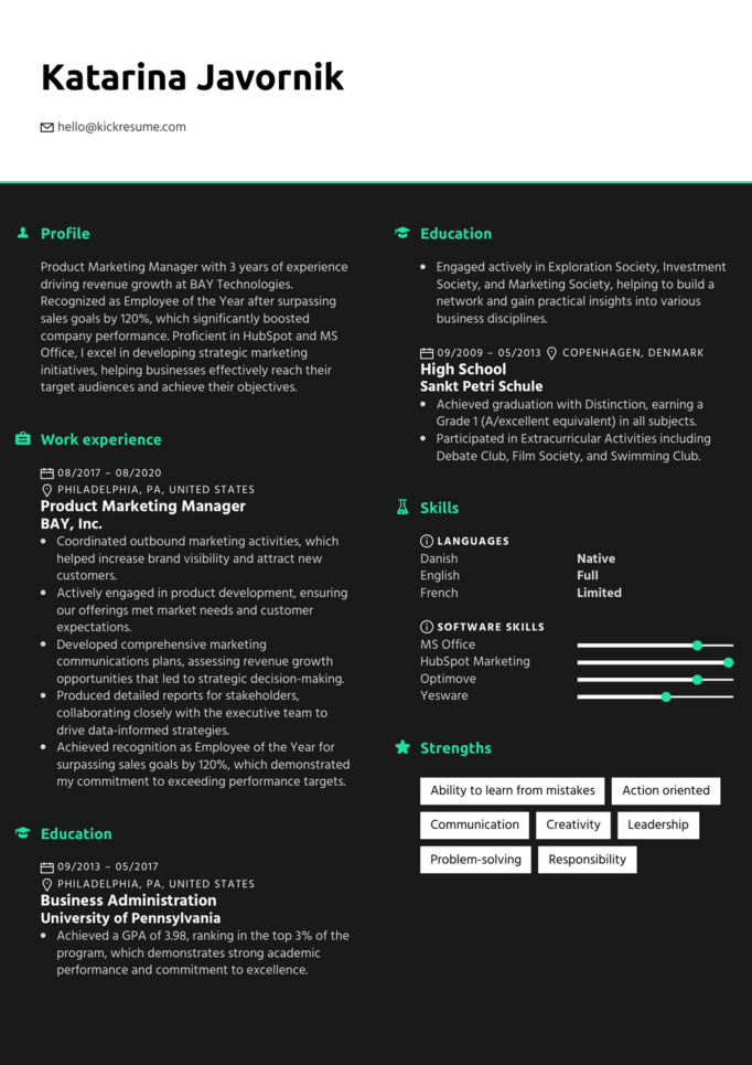 Product Marketing Manager resume which was created using Kickresume's templates and AI Resume Bullet Point Generator feature