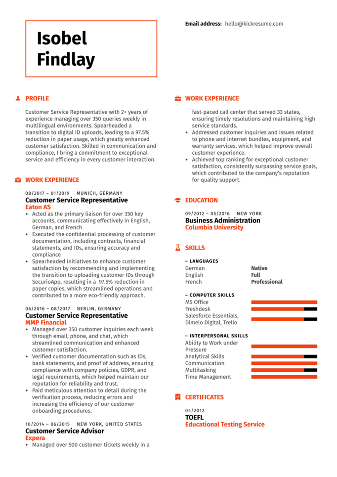 Customer Service Representative resume which was created using Kickresume's templates and AI Resume Bullet Point Generator feature