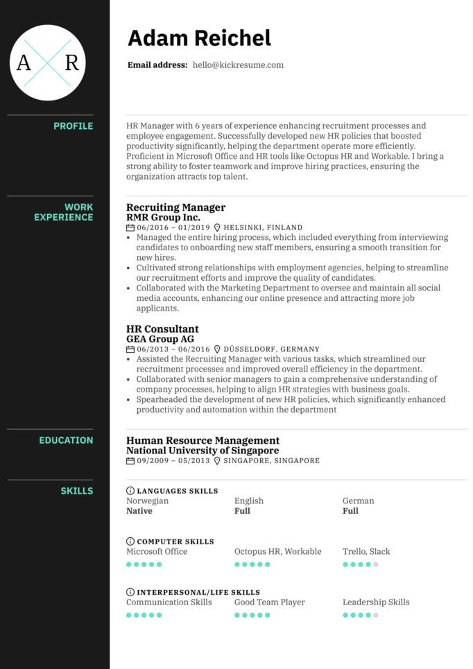 HR manager resume example created using Kickresume resume templates and AI Resume Bullet Points Generator