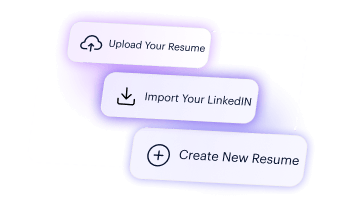 Image shows the first part of a three-step process for using Kickresume’s AI Resume Bullet Point Generator, showing options to create a resume, upload one, or import from LinkedIn.
