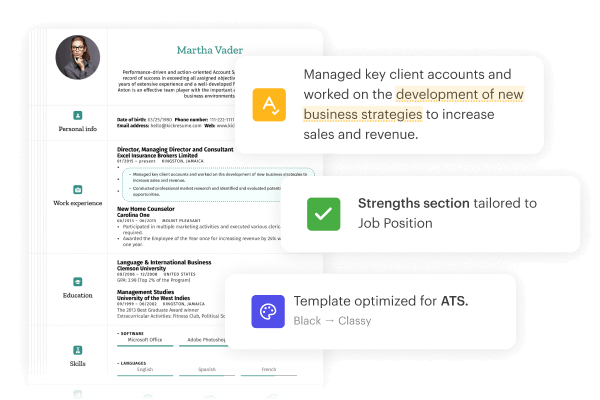 ATS-optimized resume with added keywords tailored for a specific job position by Kickresume’s AI.