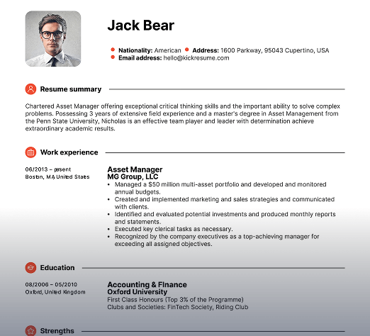 Resume created and tailored by Kickresume’s AI with optimized strengths and ATS formatting.
