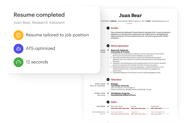 Resume tailored to a job position created by Kickresume’s AI within seconds with ATS formatting.