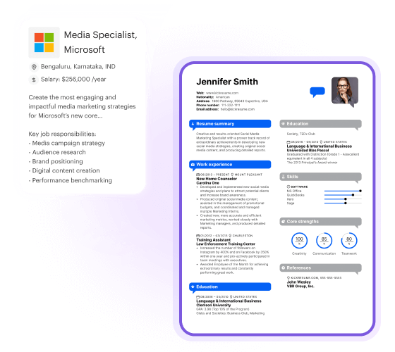 Resume created by Kickresume’s AI tailored for the role of Media Specialist with optimized keywords.