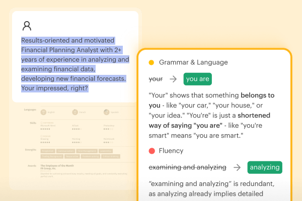 AI highlighting grammar fixes and better wording in a resume to improve clarity and fluency.