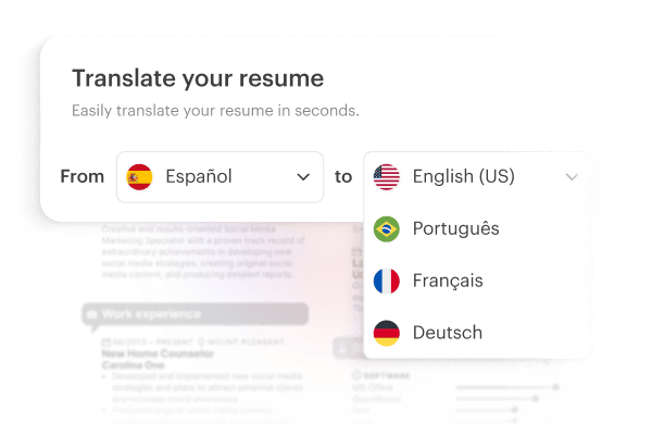 Translate resume professionally and accurately into 8 different languages within Kickresume.