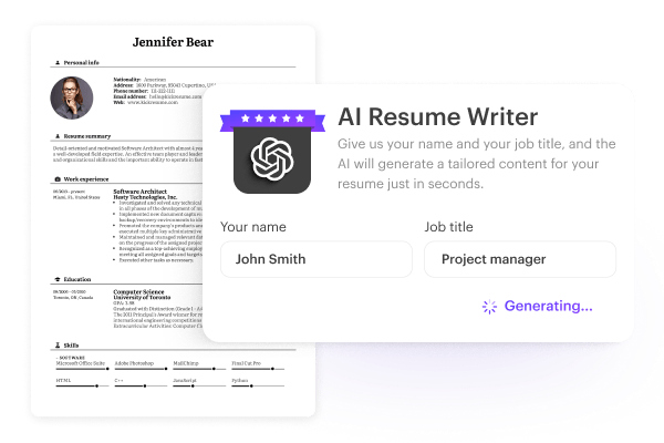 AI Resume Writer by Kickresume generates professional, tailored, and relevant resume content.