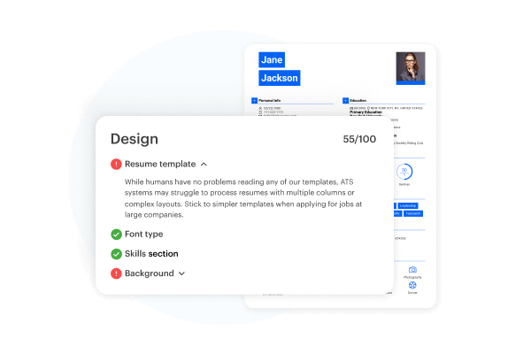 Kickresume ATS Checker showing Design feedback with checks and warnings for the resume template, font type, and skills section.