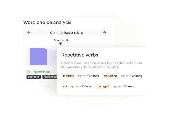 Kickresume’s ATS resume grader doing word choice analysis and pointing out repetitive words on a resume