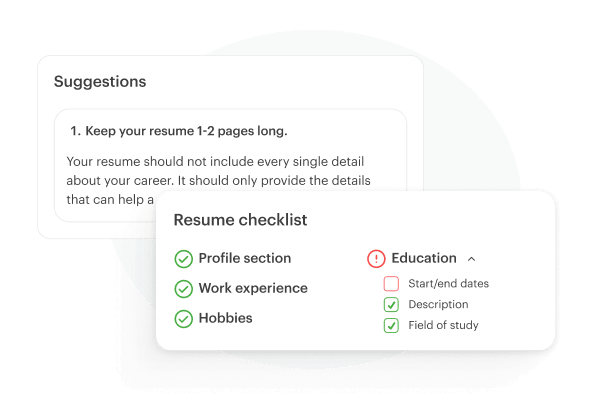 screenshot of the resume checklist section of Kickresume’s ATS resume reviewer tool and tailored suggestions on how to improve the entire resume