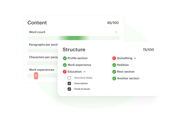 Kickresume ATS Checker simulating applicant tracking systems, showing content and structure scores with checklist feedback.