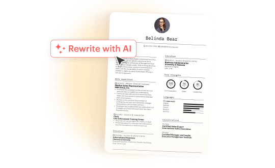 Resume with a ‘Rewrite with AI’ button showing how Kickresume can upgrade your resume.