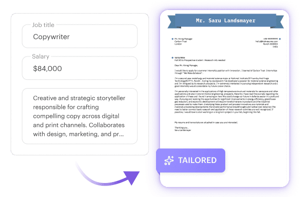 Anschreiben, das durch die KI von Kickresume mit optimierten Schlüsselworten und ATS-freundlichem Formatieren auf einen bestimmten Posten angepasst wurde.