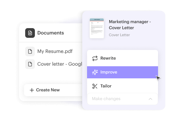 Anschreiben, die mit der KI von Kickresume erstellt wurden, können erneut geschrieben, verbessert oder auf einen bestimmten Posten angepasst werden.