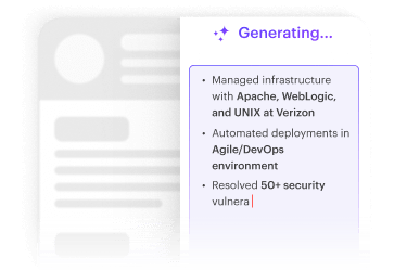 The picture shows the process of generating work experience bullet points for a resume, using the AI Resume Bullet Point Generator tool by Kickresume.