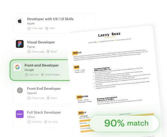Job openings ranked by match score next to an analyzed resume.