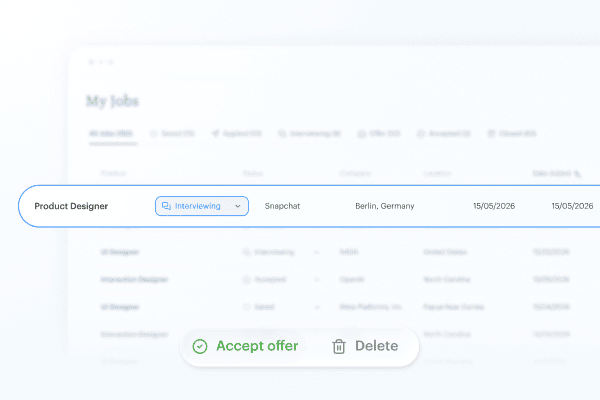 Job tracker row with quick actions to accept an offer or delete an application.