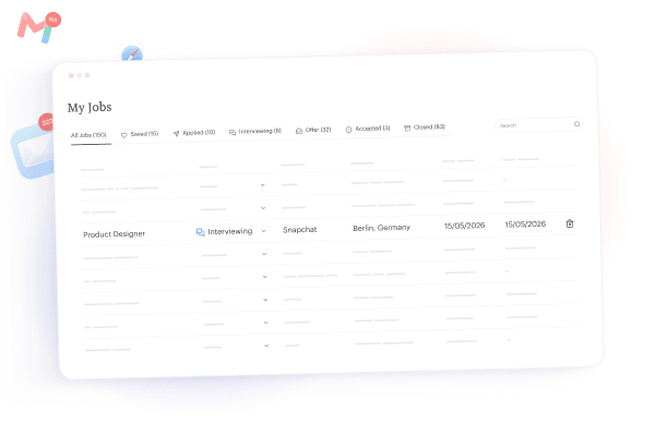 Job tracker showing applications organised by status.