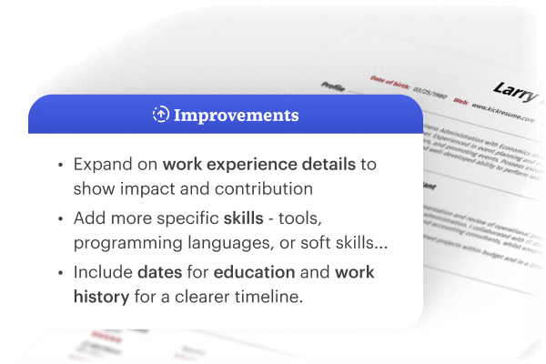 Kickresume’s AI resume feedback suggests tailored improvements for a resume.