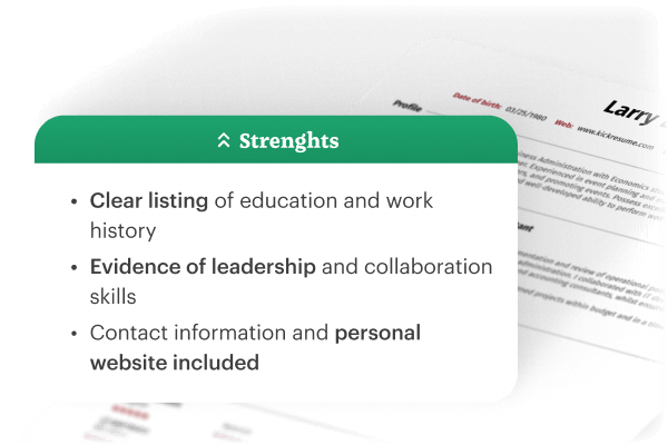 Kickresume’s AI resume feedback tool highlights a resume’s strengths.