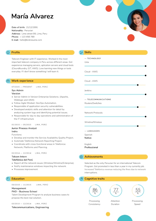 Ejemplo de currículum para Verizon Sys Admin diseñado por el creador de currículums de Kickresume