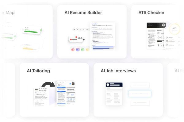 Kickresume’s AI tools for content generation, resume tailoring, ATS-optimization and formatting.