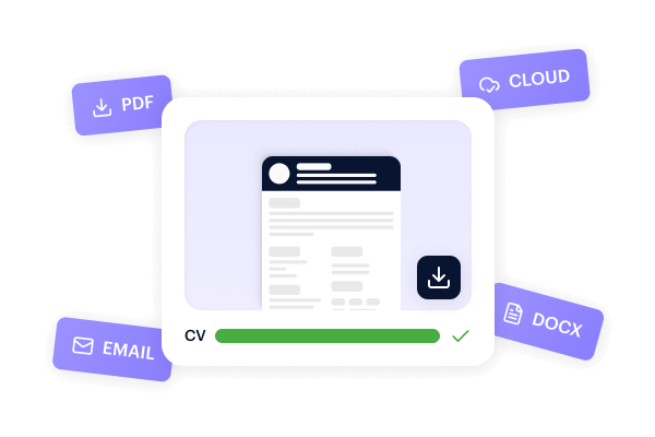 Kickresume resume saved as PDF or DOCX, automatically stored in the cloud, and shareable via email.
