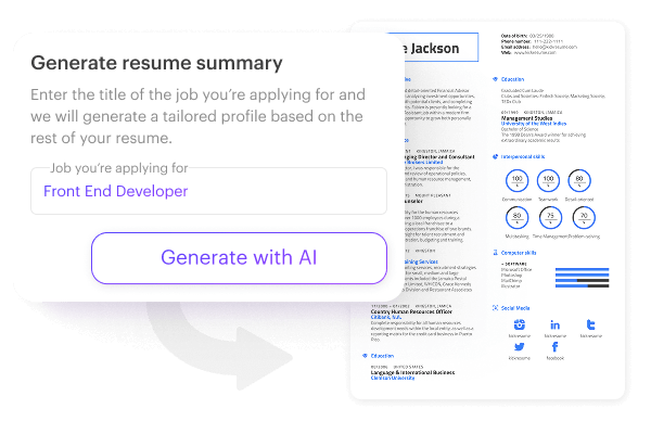 Kickresume AI resume summary generator creating tailored resume summary for a Front End Developer resume.