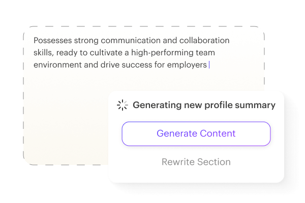 Screenshot of Kickresume’s AI Resume Summary Generator creating a new profile summary with a ‘Generate Content’ button.