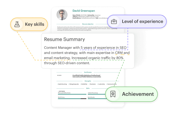 Illustration of a great resume summary generated in Kickresume.