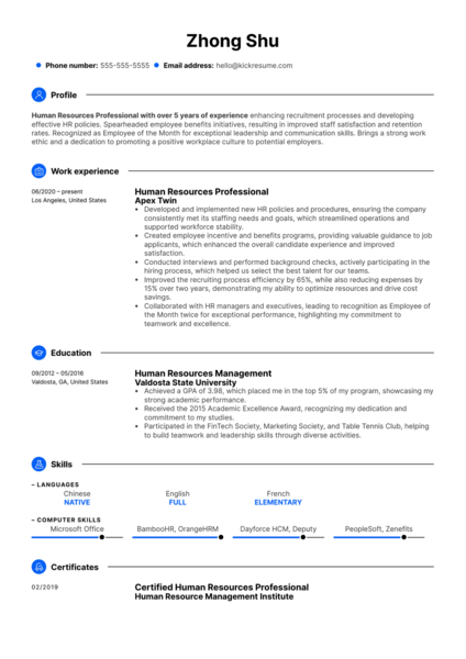 Example of a resume which was created with Kickresume that includes an AI generated resume profile section.