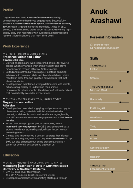 Example of a resume created using Kickresume resume templates and AI Resume Summary Generator feature.