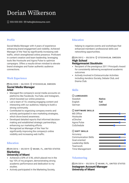 Example of a CV which was created using Kickresume’s templates and AI Resume Profile Generator feature.
