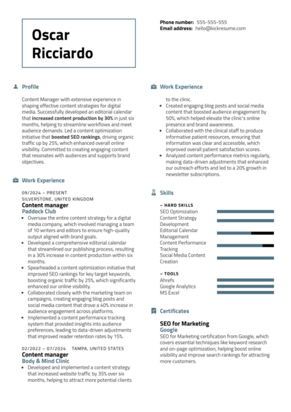 Picture of a resume which includes a resume bio generated with Kickresume AI Resume Generator feature.