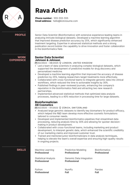 Example of a resume which was created with Kickresume that includes an AI generated resume summary section.