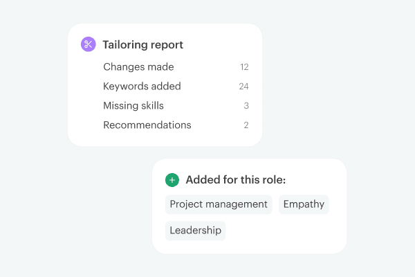 Tailoring report listing changes made, keywords added, missing skills, and recommendations, next to the skills added for the role.