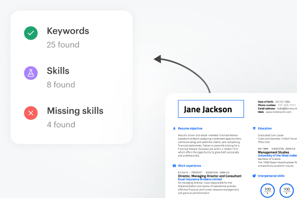 A tailored resume pointing to a report with the keywords and skills found and the skills still missing.