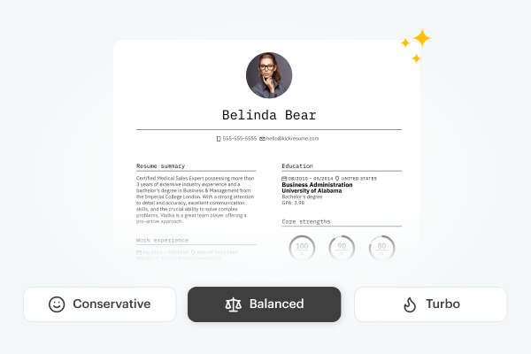 Resume preview with a switch between the Conservative, Balanced, and Turbo tailoring types.