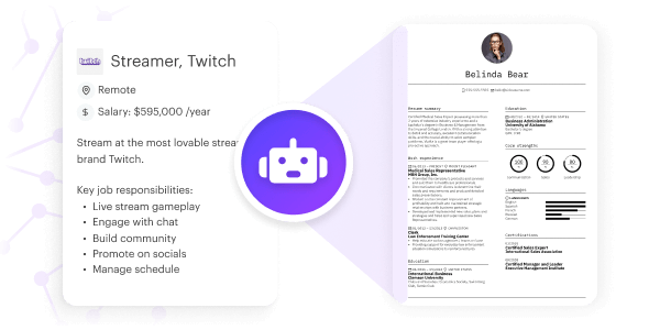 Resume targeted for the role of a streamer thanks to Kickresume’s Resume Tailoring tool.