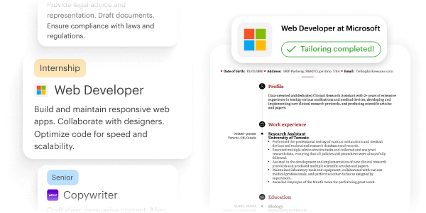 Kickresume’s Resume Tailoring tool can target a resume to any job position.